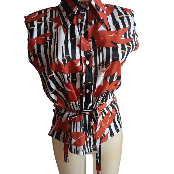 Women's Medium Vintage 70's Sleeveless Button-Up Floral Stripe Print Polyester - Picture 1 of 6